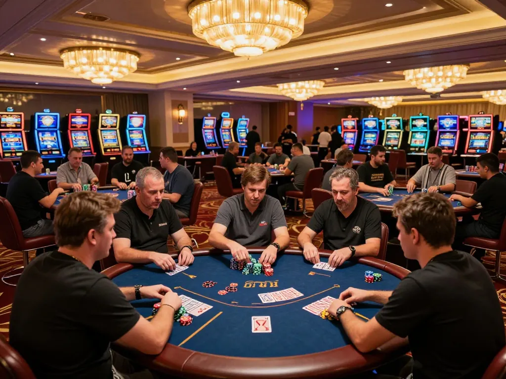 Engaged players at a poker table in an upscale casino, highlighting the excitement of botanica bali.