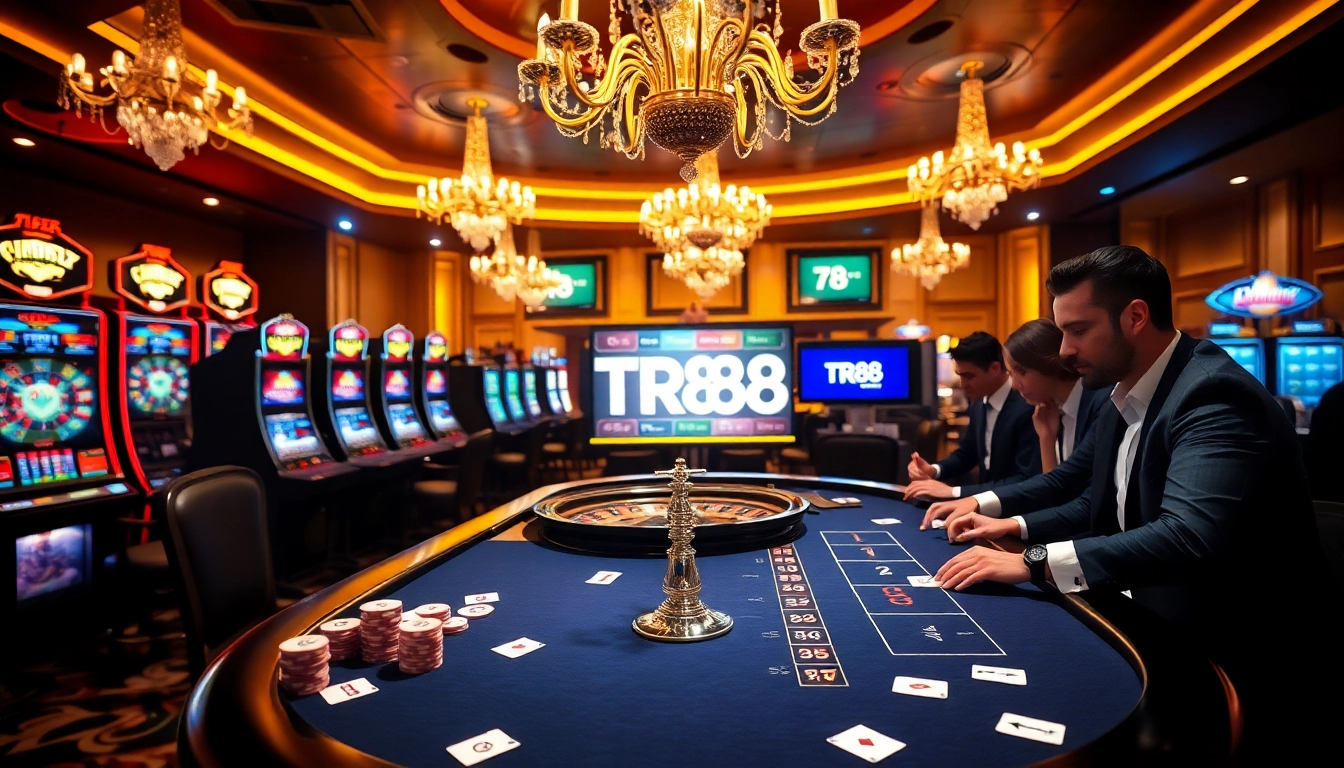 TR88 casino scene with players enjoying poker at a luxurious table with colorful chips.
