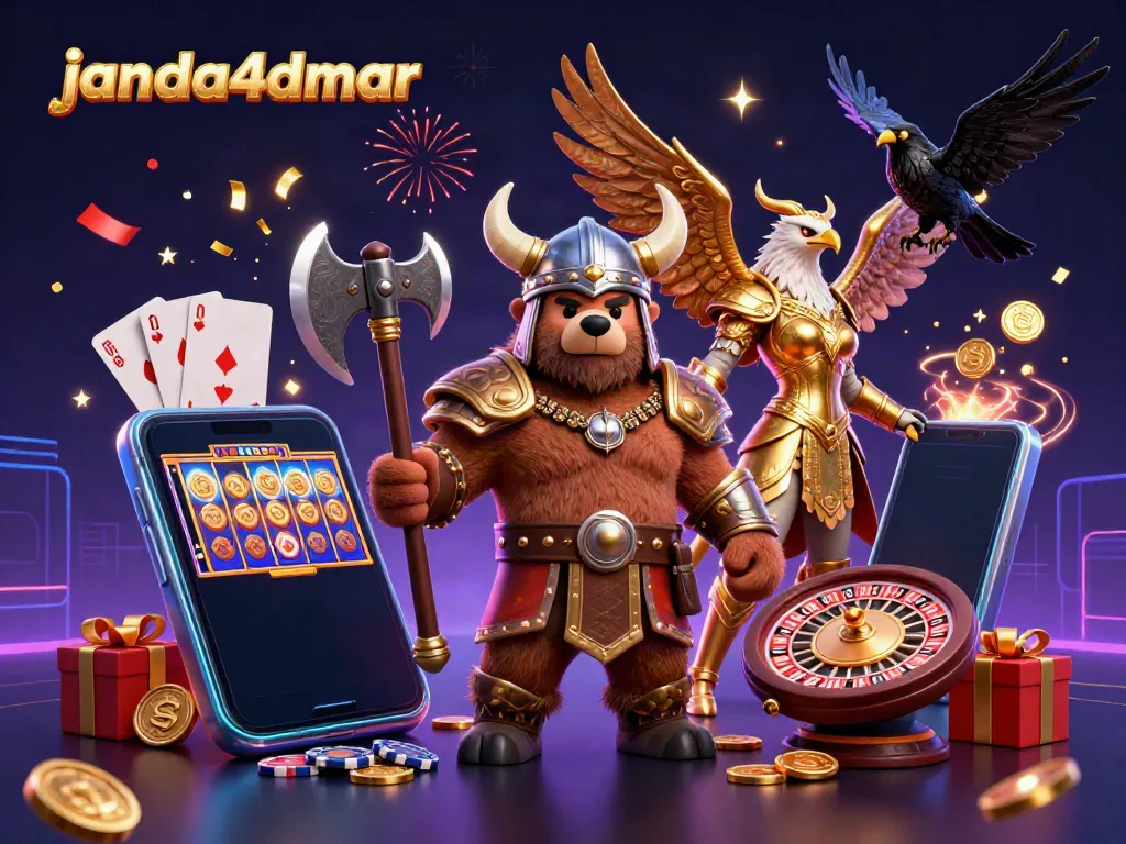 Memenangkan permainan slot dengan janda4dmar, menggambarkan karakter Viking dan elemen kasino yang dinamis.