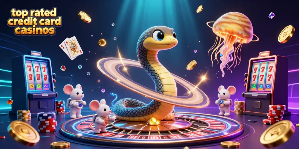 Explore top rated credit card casinos with this dynamic illustration of a cosmic gaming scene