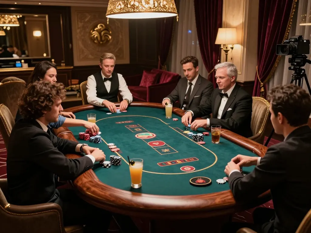 Players enjoying a high-stakes poker game at okking's exclusive VIP area, drinks served elegantly.