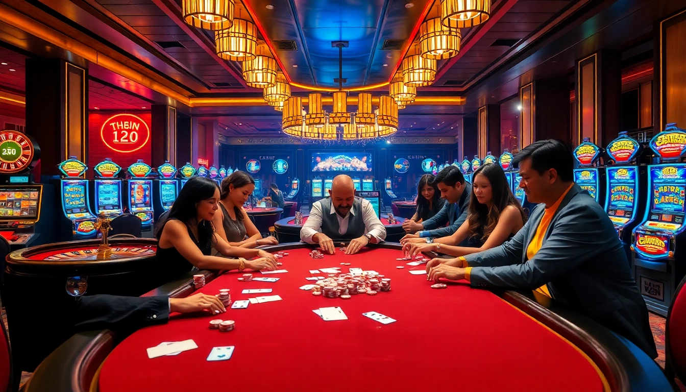 Action-packed casino scene showcasing 123win excitement with players at a poker table.