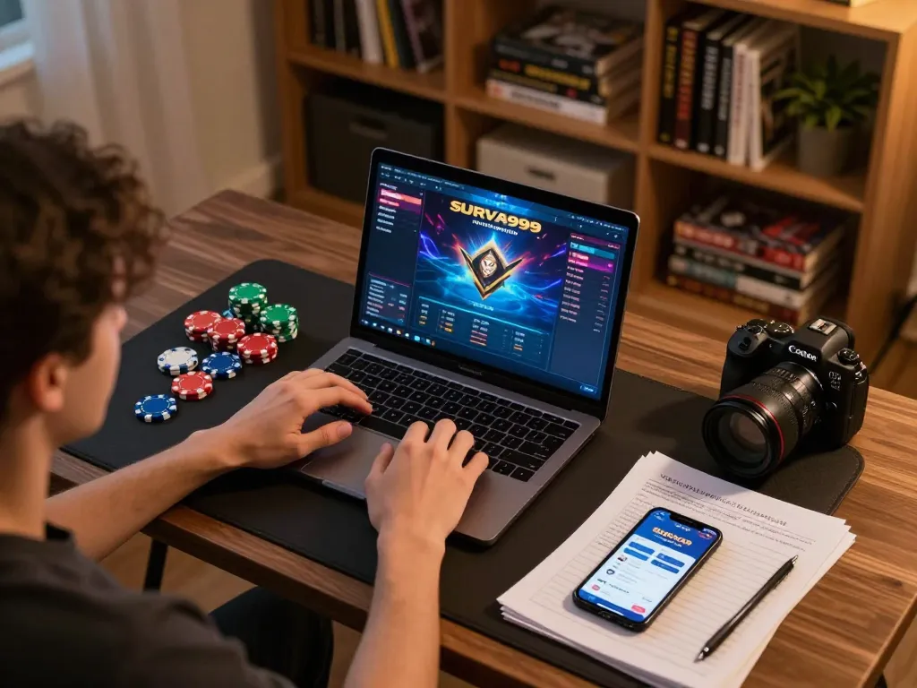 Pemain yang berinteraksi dengan antarmuka permainan SURYA999 di laptop dikelilingi oleh catatan strategi dan chip poker.
