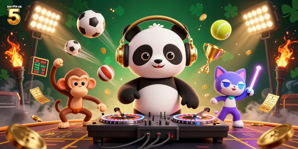 Engage with keo nha cai 5 while enjoying a vibrant casino atmosphere featuring a DJ panda, monkey, and kitten.