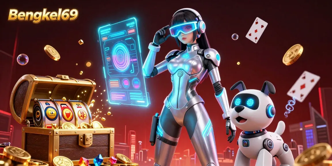 Bengkel69 slots illustration showcasing a futuristic woman and robot dog, surrounded by slot reels and coins.