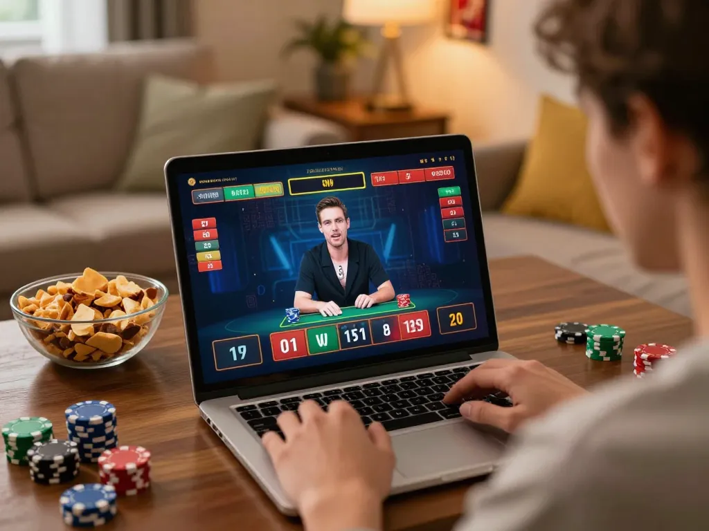 Engaging live dealer game on laptop highlighting sc881 with strategic betting options in a cozy home setting.
