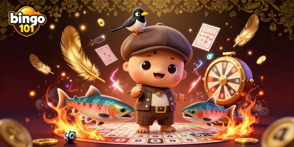 Engage with bingo 101 dynamic illustration featuring charming characters and bingo game elements.