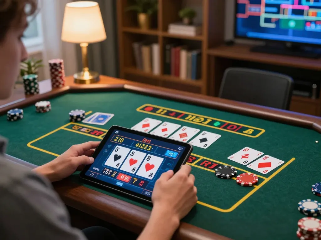 Player using a tablet for dn88 live dealer games in a cozy home setting with cards displayed.