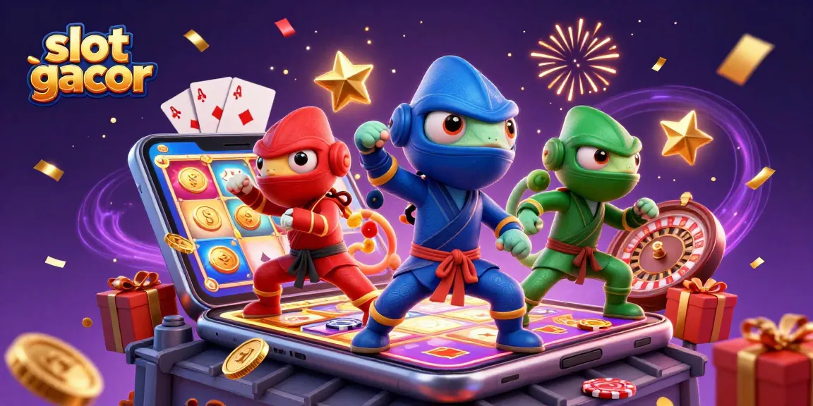 Engage in slot gacor thrills with a dynamic scene featuring ninja chameleons and casino elements.
