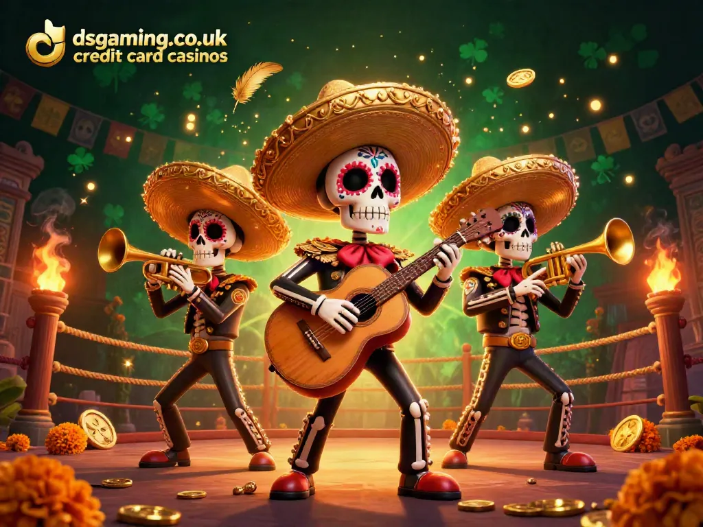 Experience the vibrant scene of dsgaming.co.uk credit card casinos with mariachi skeletons and gaming elements.