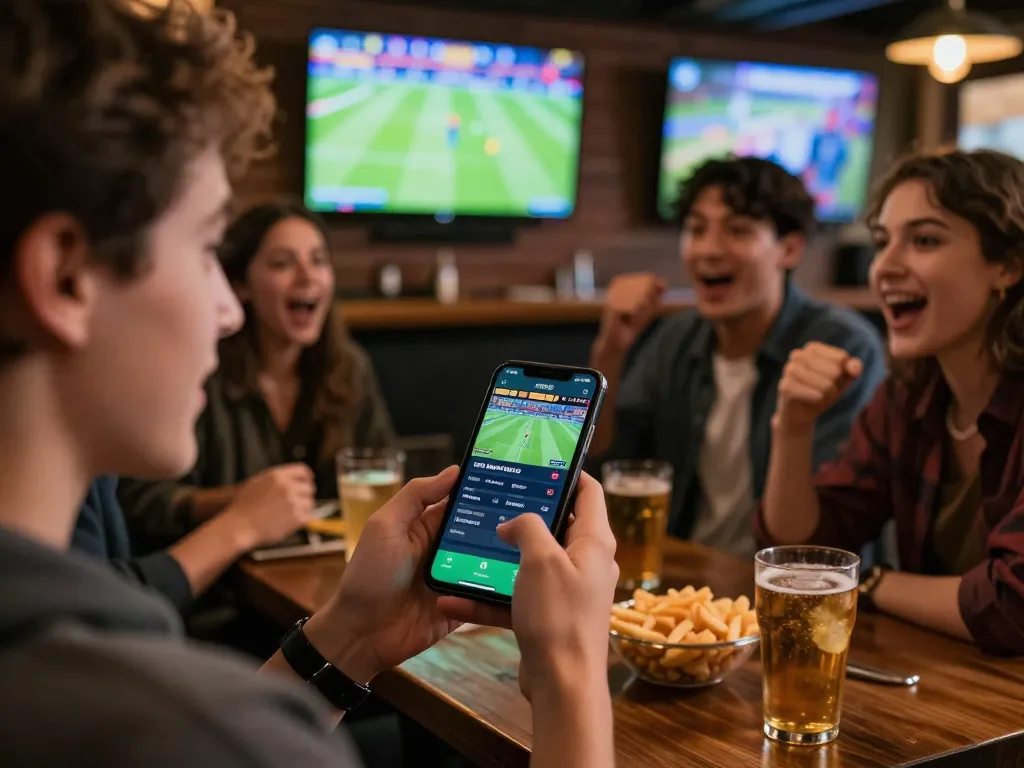 KÈO TRỰC TUYẾN user engaged in live betting app during an exciting sports match in a lively bar.