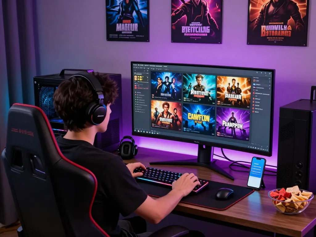 Player immersed in a variety of porn games in a vibrant gaming lounge atmosphere.