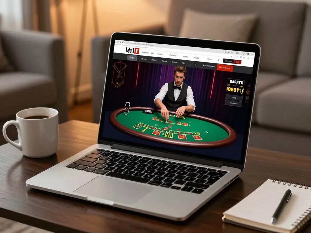 RR88 players enjoying live dealer blackjack in a modern home setting with a laptop interface.