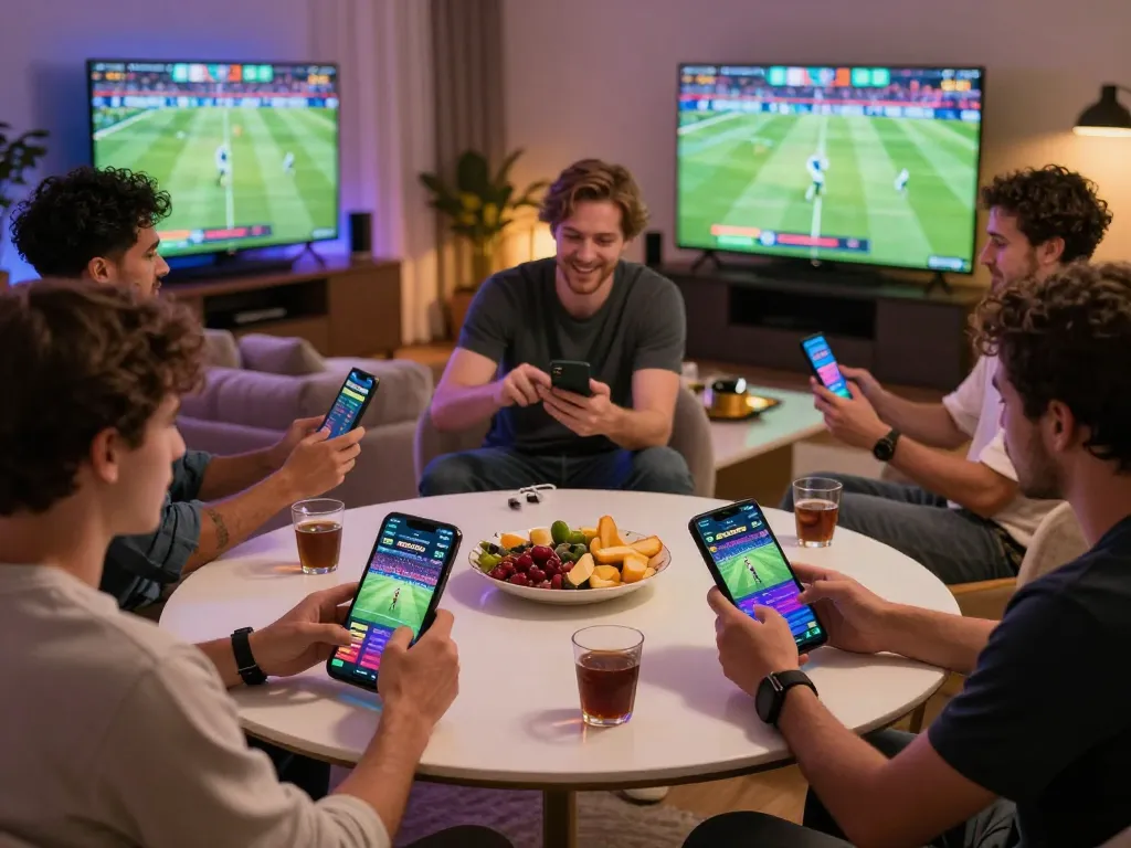 Group enjoying online gambling on mobile apps in a lively setting, showcasing 1gom betting excitement