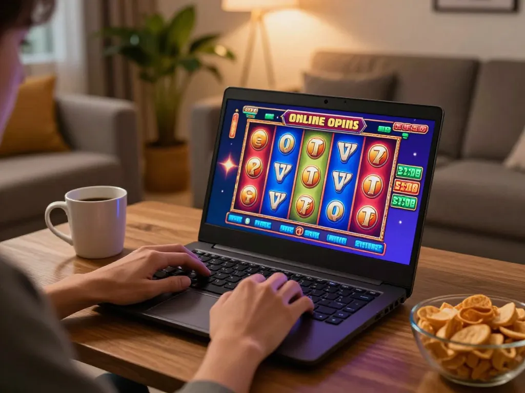 The enthusiastic player enjoys a thrilling online casino experience at nhà cái jun88, playing colorful slot games on their laptop.