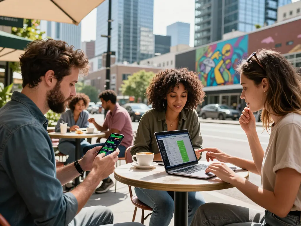 People engaging with the five88 betting platform in a vibrant urban café setting.