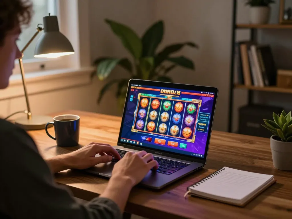 Engaging session at an australian online casino with a player focused on vibrant slot games on a laptop.