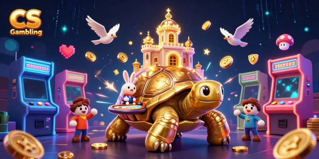 CS Gambling illustration of a tortoise with a casino, illuminated by coins and games.