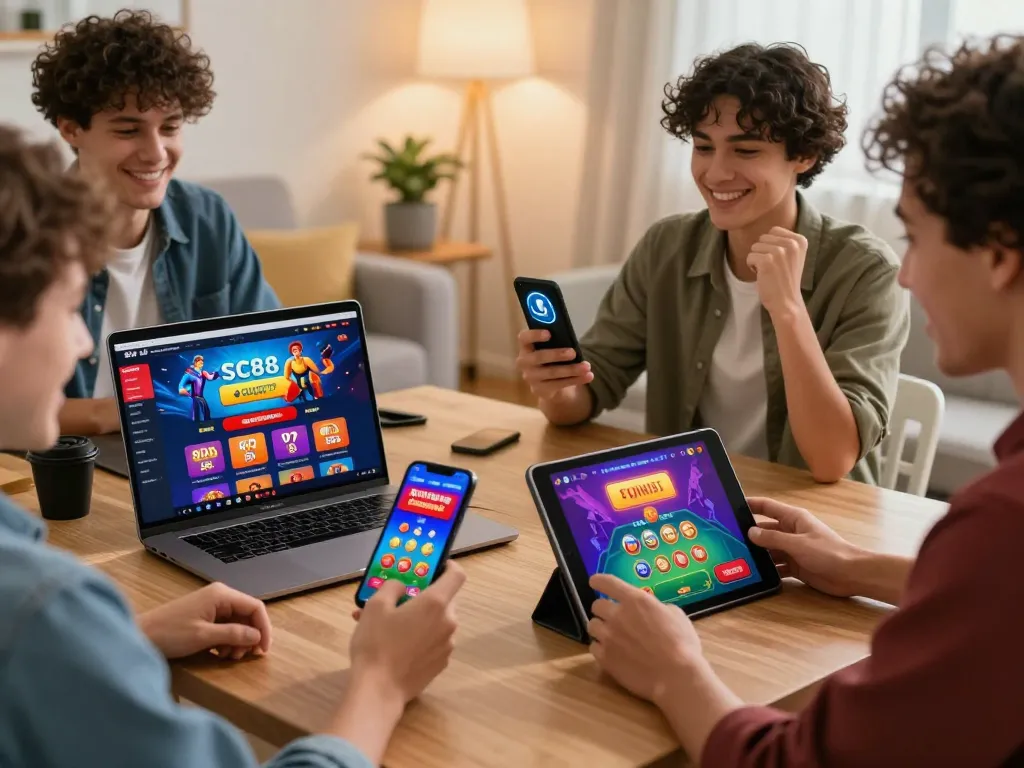Exciting online gambling with SC 88 homepage, diverse players engaging with devices in a cozy setting, showcasing user-friendly interfaces.