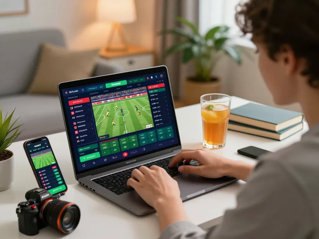 Engaged bettor using ta88 for live sports betting on a laptop and smartphone in a cozy environment.