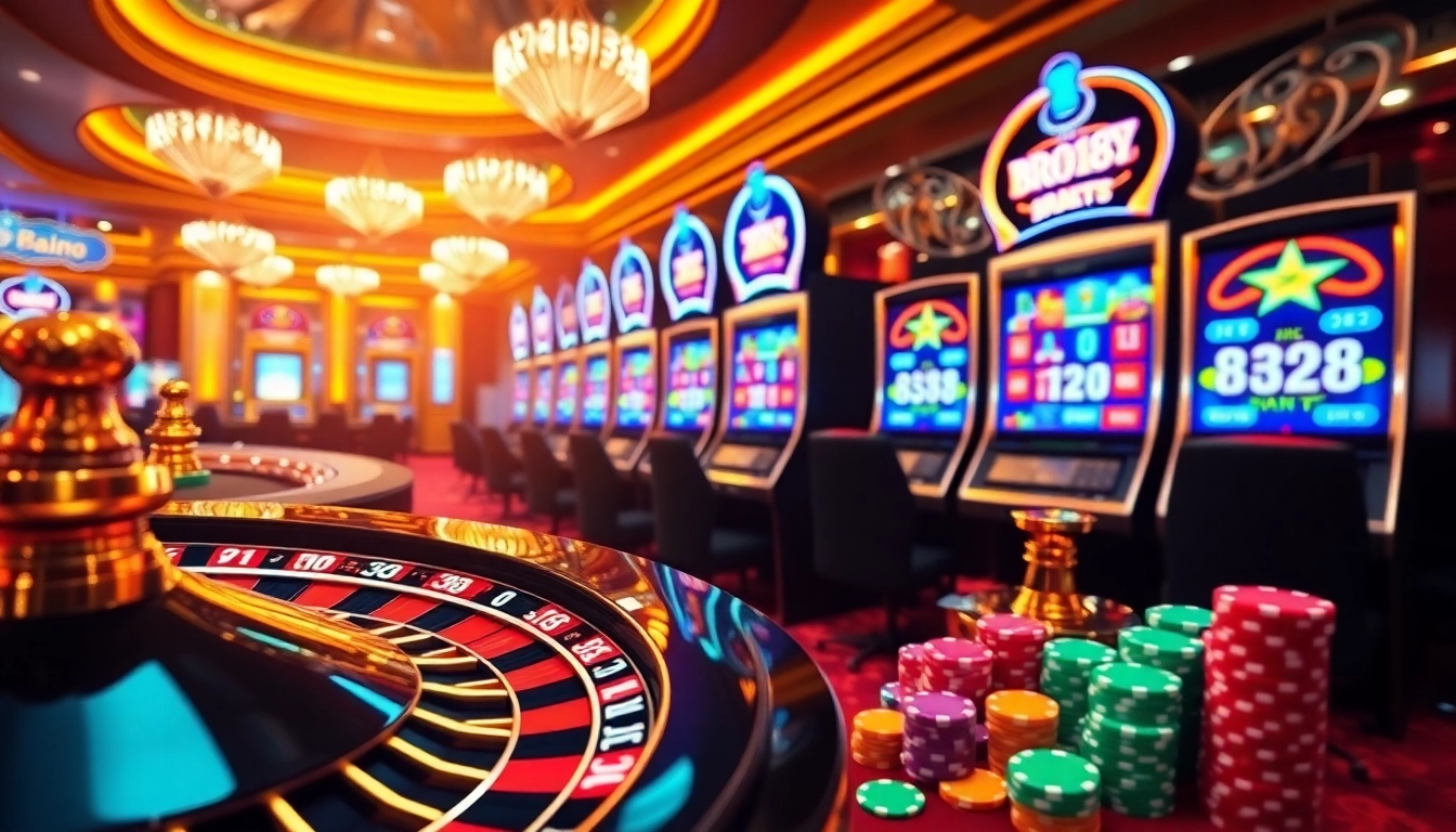 BRO138 players enjoying a thrilling moment at the casino with vibrant slot machines and poker chips