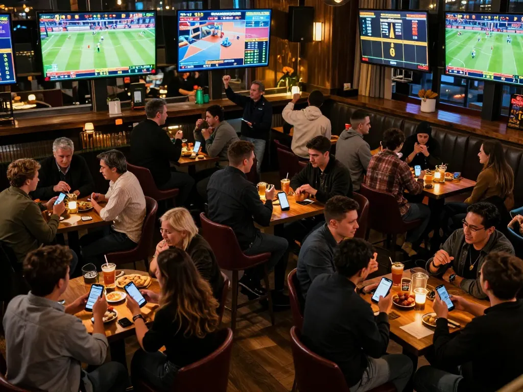 C168 sports betting excitement with fans analyzing odds in a lively atmosphere