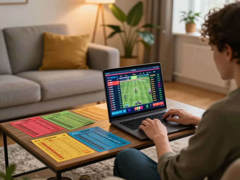 tr88 player enjoying online sports betting from their cozy home setup, with vibrant screens displaying odds.