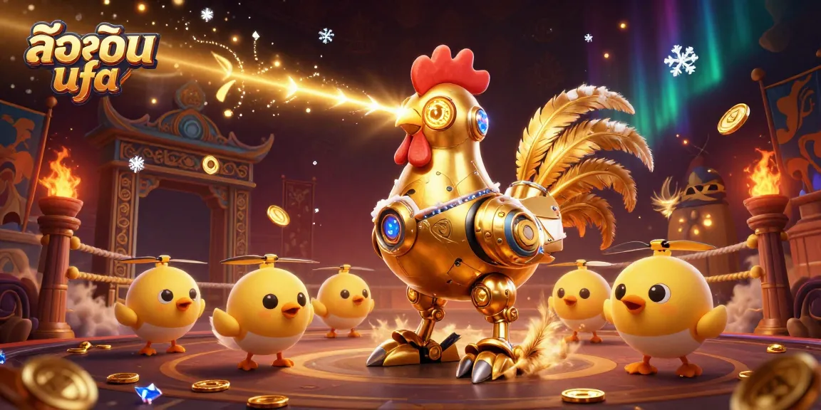 Engage with ล็อคอิน ufa in a vibrant 3D illustration showcasing a golden rooster robot and exciting casino elements.