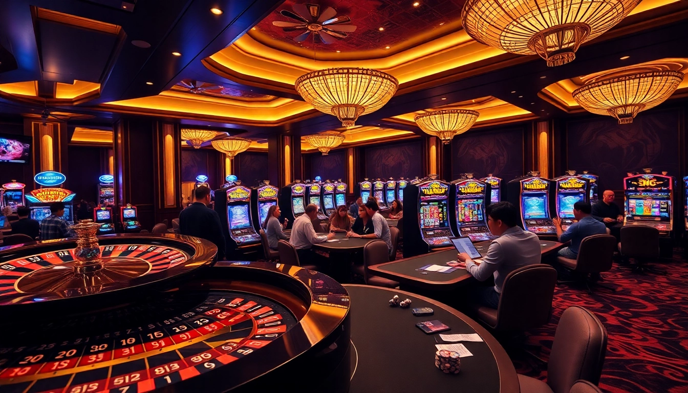 Action-packed scene of players winning at bk8th casino with roulette and slot machines.