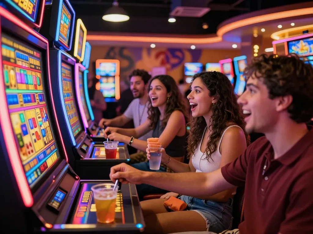 Friends playing the Lucky 88 slot machine in a lively casino atmosphere, enjoying vibrant lights and excitement.