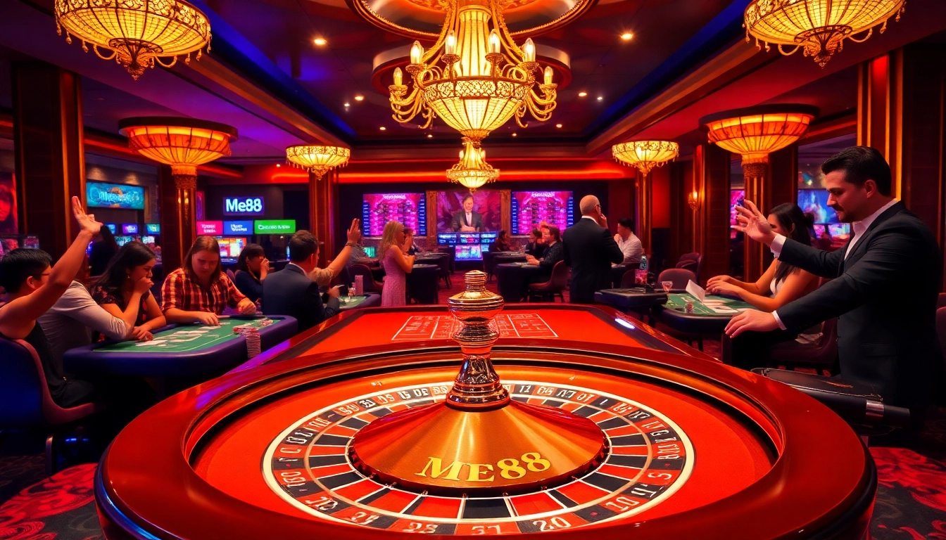 Experience thrilling gameplay at ME88's luxurious casino featuring vibrant roulette and energetic players.