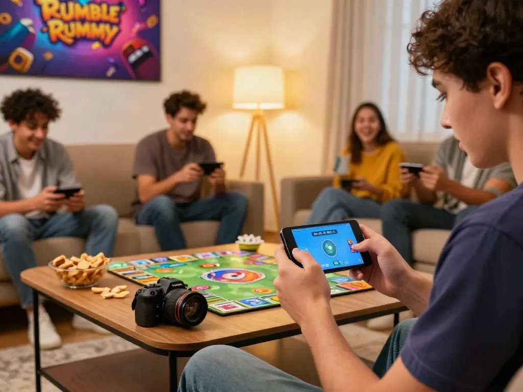 Engaging young players enjoying Rumble Rummy on a smartphone in a cozy living room setting.