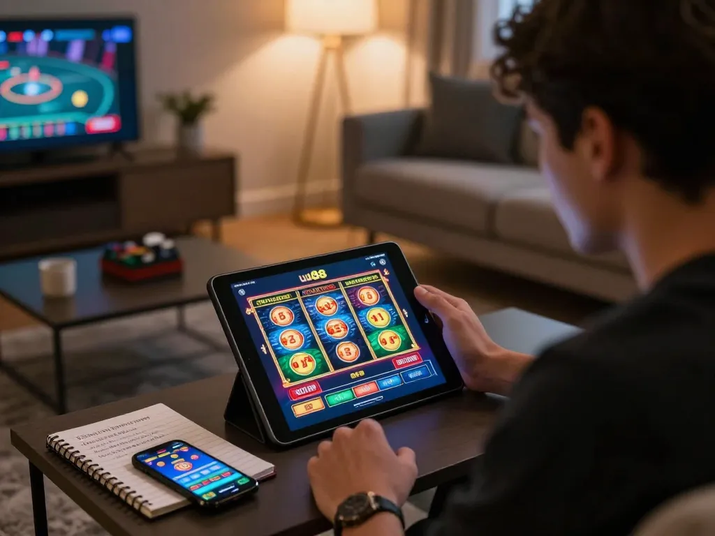 Player enjoying online gaming at uu88 with tablet displaying vibrant slots in cozy home setting