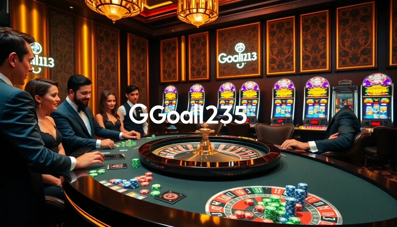 Excited gamblers enjoying a roulette game at Goal123 casino, showcasing luxury and excitement.