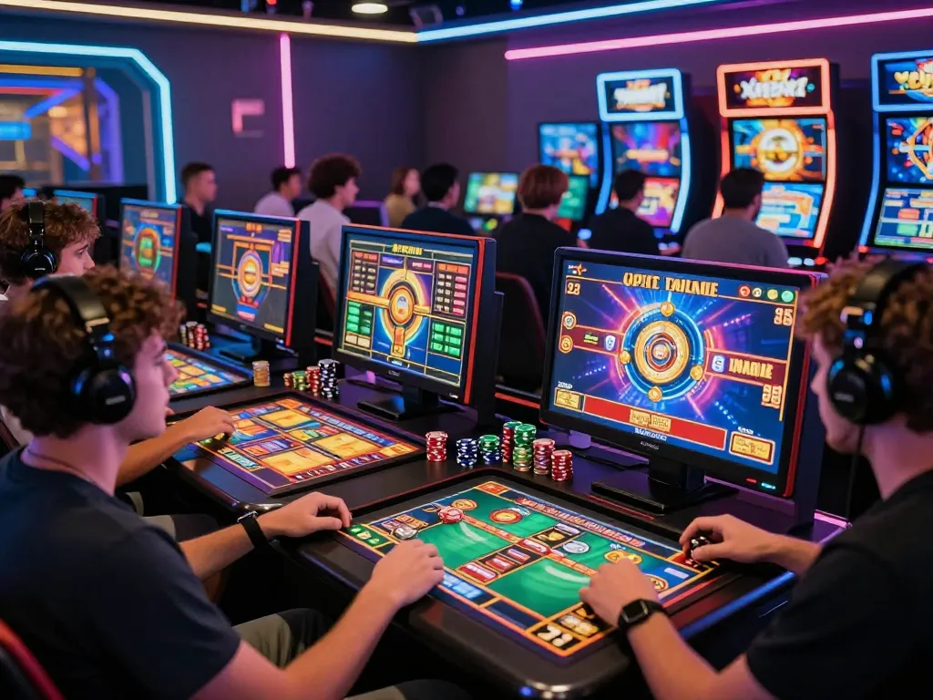 Engaging digital gaming scene featuring diverse players at Barcaslot online platform, illustrating excitement around virtual casino experience.