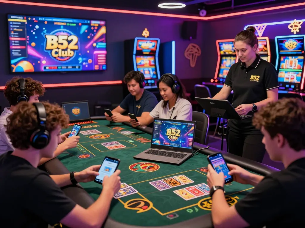Vibrant gaming atmosphere featuring players enjoying card and slot games at B52 Club, showcasing link b52club mới nhất.