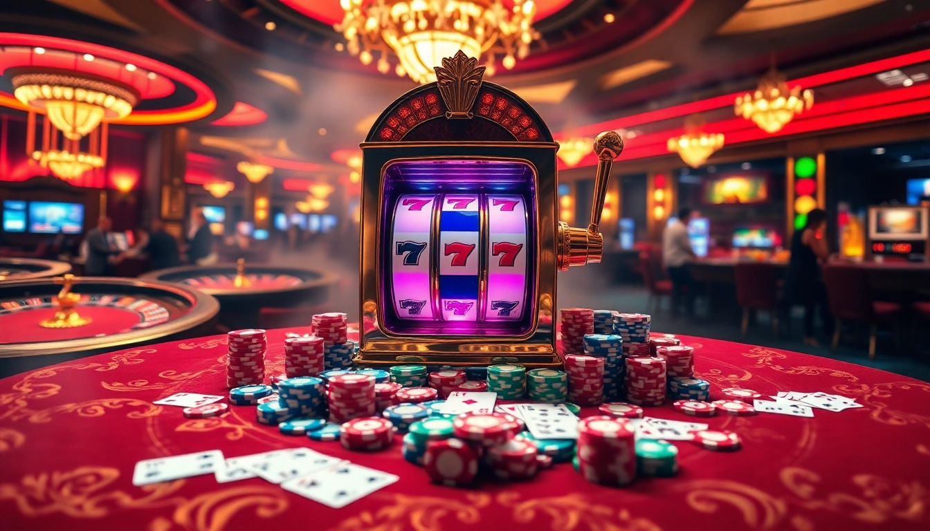 Excited gamblers enjoying a high-stakes slot machine in a luxurious casino setting.