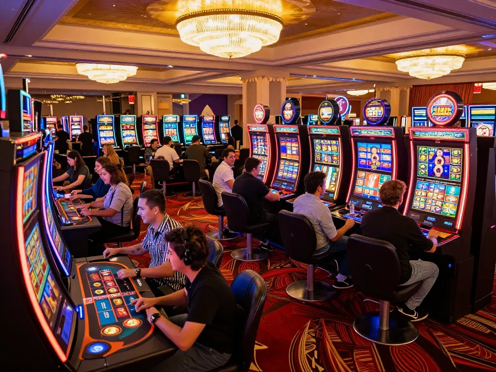 Luck88 players enjoying exciting slots at a bustling casino floor with vibrant lights and gaming tables