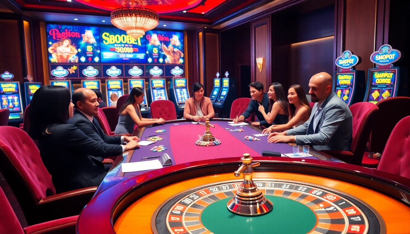 SBOBET gaming table surrounded by players enjoying a high-stakes gambling experience.