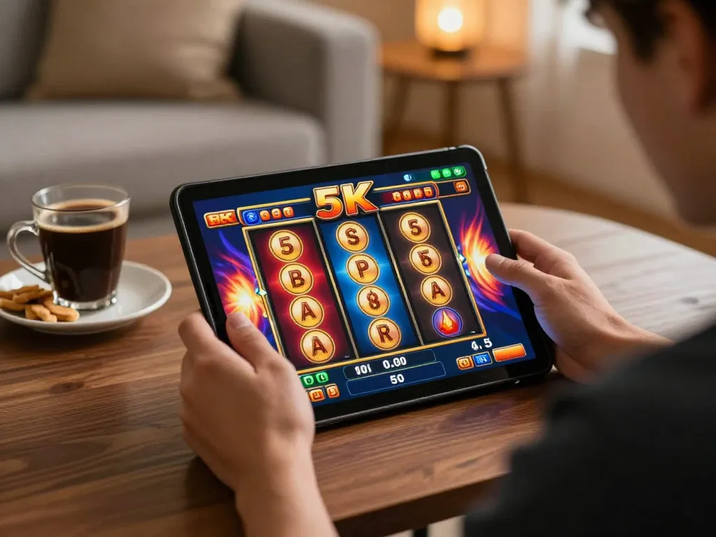 Player immersed in slot 5k online gaming on a tablet in a cozy home environment, illustrating engaging gameplay.