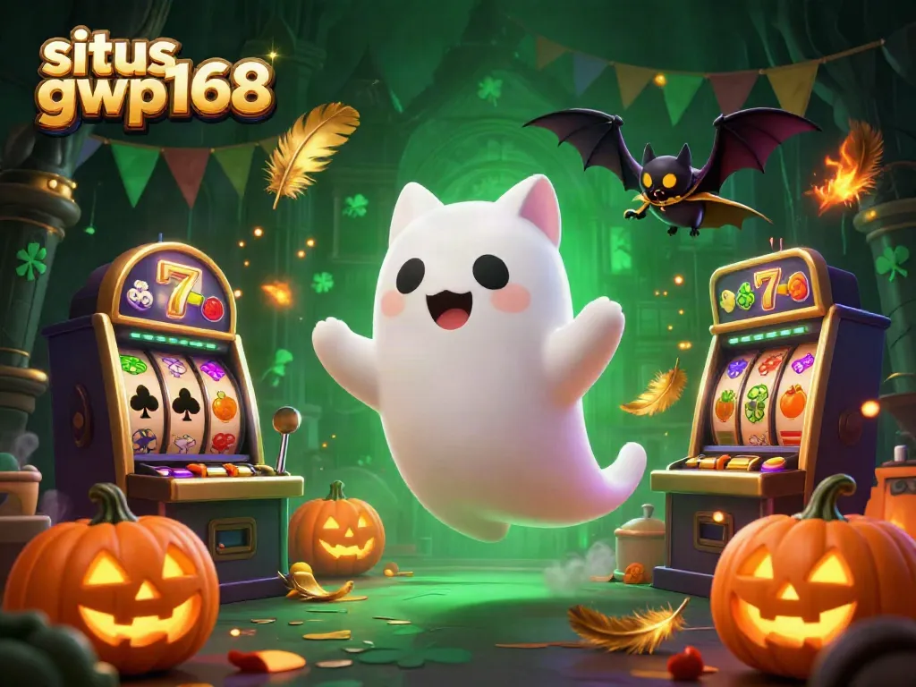 Gambarlah situs gwp168 yang menampilkan permainan slot gacor dalam suasana kasino yang ramai dan menakutkan.