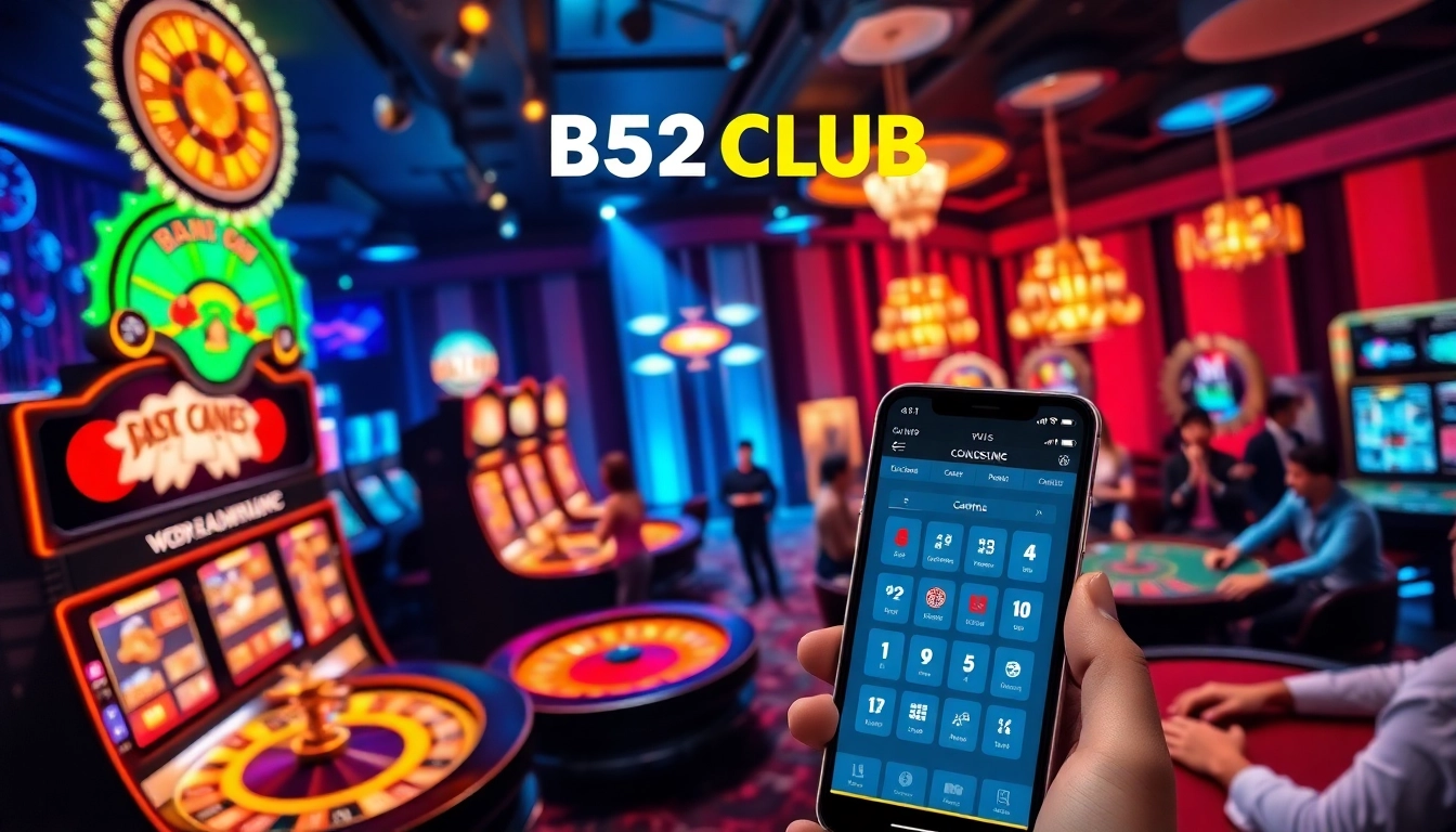 B52 CLUB captivating online casino gaming scene with vibrant slot machines and poker tables.