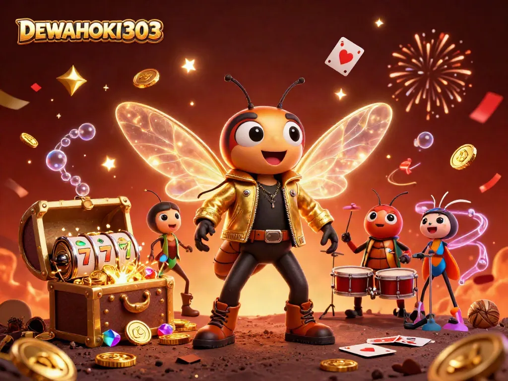 DEWAHOKI303 hadapkan jackpot slot dalam suasana meriah dengan cicada rock star dan drummer.