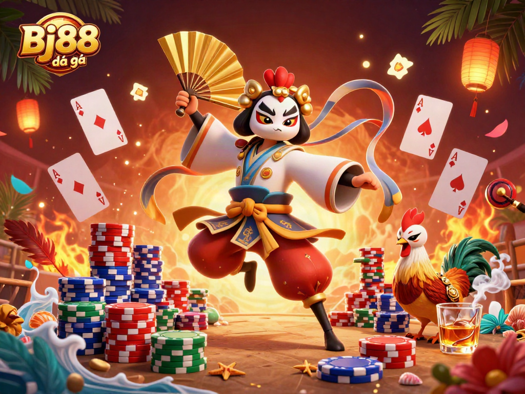 Bj88 đá gà showcases a vibrant 3D scene of a kabuki warrior and kitsune in an energetic cockfighting arena.