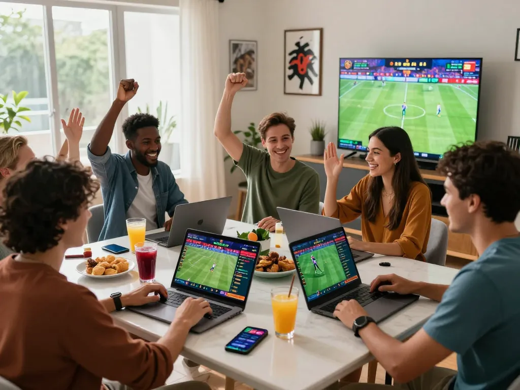 Group of friends enjoying a zbet online sports betting win at home with laptops and live game streaming.