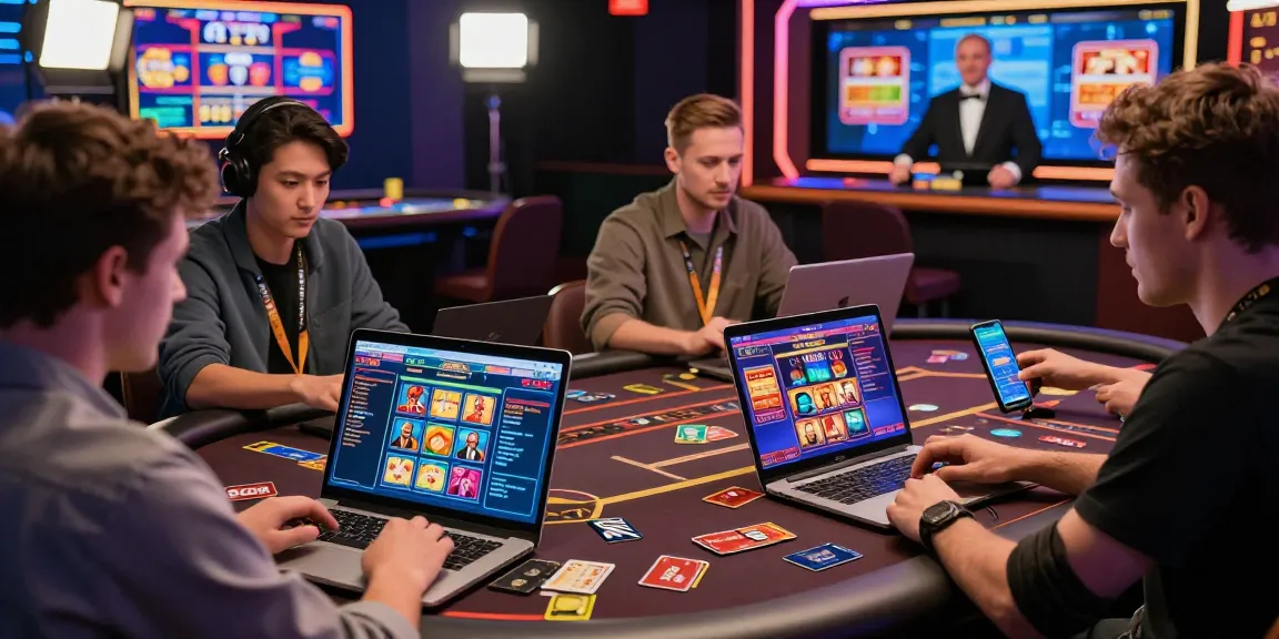 A bustling online casino scene at https://cullengolfclub.co.uk showing diverse players enjoying credit card gaming on various devices, vibrant game graphics, and a live dealer atmosphere.