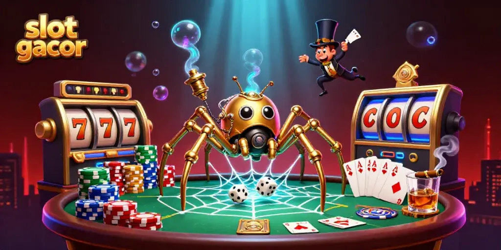 Experience slot gacor excitement with a steampunk golden spider amidst poker elements and vibrant visuals.