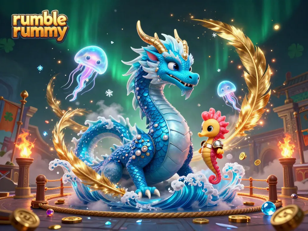 Engage in thrilling gameplay with the Rumble Rummy app featuring an azure water dragon, seahorse knight, and neon jellyfish.