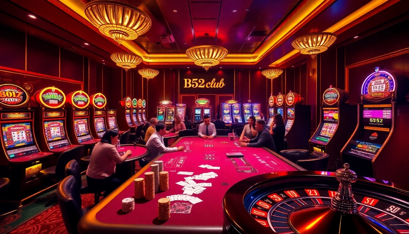 B52 Club players winning at a luxurious casino table with poker and blackjack games.