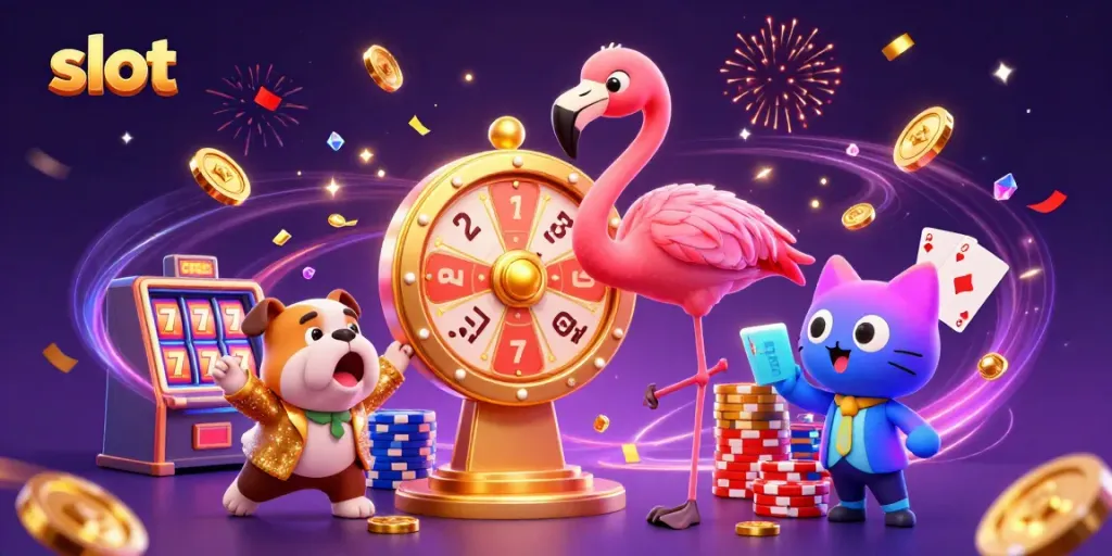 Experience thrilling slot action with 3D characters in a vibrant casino setting.